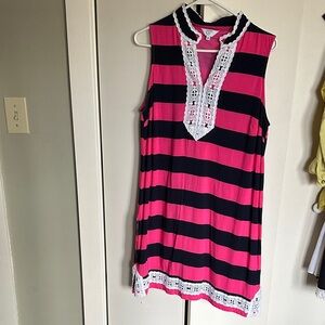Pink and Navy Striped Sleeveless Dress